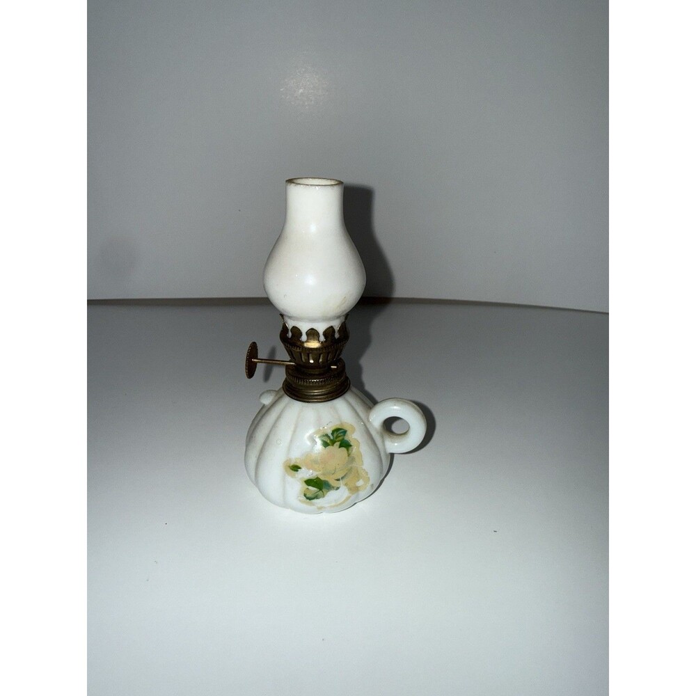 Vintage Mini Oil Hurricane Lamp White Hobnail Milk Glass Rose Hong Kong 8"